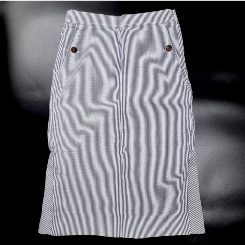 J CREW Seersucker High Rise Pencil Midi Skirt Nautical Blue White Stripe Women 2